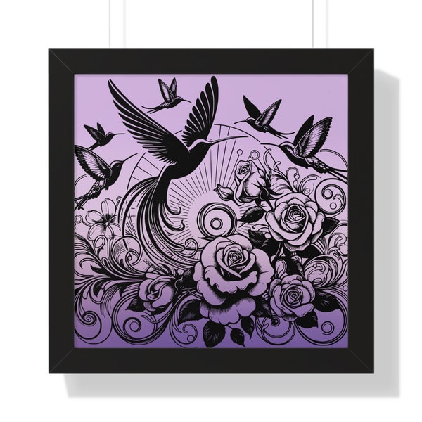 Linea arte colibrì lavanda nera su poster sfumato viola / Arte da parete incorniciata / Uccelli e fiori / Decorazione da parete