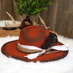 Rust Flat Brim Hat, Wide Brim Fedora, Burnt Hat, Distressed Hat, Mother&#39;s Day Gift