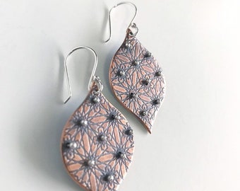Islamic pattern etched copper dangles with silver rivets