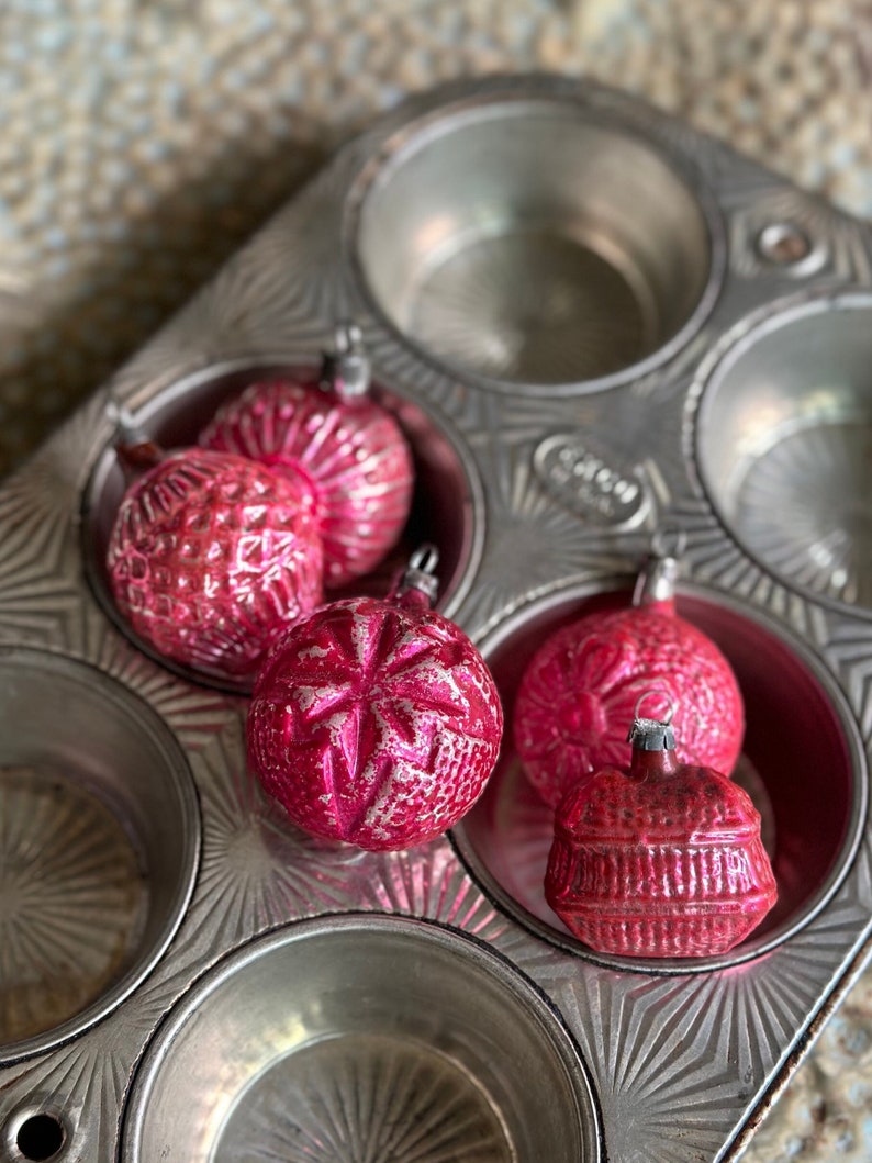 Antique Pink German Feather Tree Glass Ornament Lot