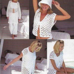 May include: A white crochet cardigan featuring an openwork diamond pattern, short sleeves, and a front tie closure. The garment is shown in various lengths and styles, including a long-sleeved version and a sleeveless vest, paired with white clothing.