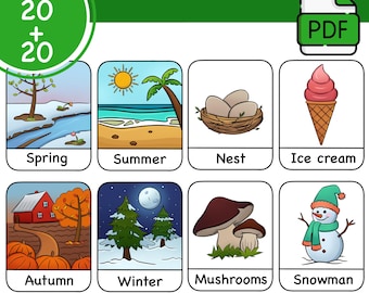 May include: A collection of illustrated cards featuring seasonal themes. The cards include images of spring, summer, a nest with eggs, ice cream, autumn, winter, mushrooms, and a snowman. The top left corner has the text "20 + 20". A PDF icon is in the top right.