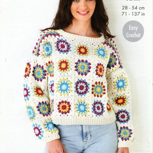May include: A long-sleeve sweater featuring a cream-colored base with a repeating pattern of multi-colored floral-style crochet motifs in red, yellow, and blue. The text double knit, 28 - 54 cm, 71 - 137 in, and Easy Crochet is visible.
