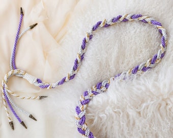 Handfasting Ribbon - Trinity braid, 6 strand cord, customisable cord, handtying wedding cord in lustrous ivory gold twist, lilac, and silver