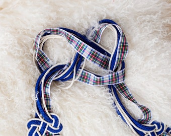 Handfasting cord- 'Tie your own' infinity knot, tie at ceremony cord, customisable wedding cord in blue/white with tartan ribbon