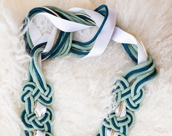 Cordón de nudo celta para matrimonio: seda verde azulado, aloe y marfil