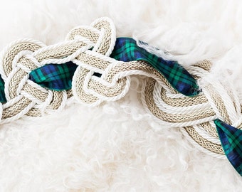 Cordón de ayuno -nudo infinito personalizado, cordón de boda de tartán, ceremonia de ayuno de boda, cordón de boda en topo/marfil con cinta de tartán