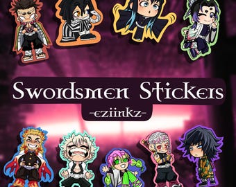 May include: A collection of colorful Swordsmen Stickers featuring anime characters. The stickers have a cartoon style with bold outlines and vibrant colors. The text "Swordsmen Stickers" and "-eziinkz-" are also visible.