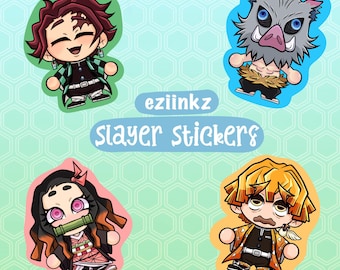 May include: Four colorful Slayer stickers featuring anime characters. The stickers include a character with red hair and green accents, a character with a boar head, a character with pink accents, and a character with yellow hair. The text "eziinkz Slayer Stickers" is also present.