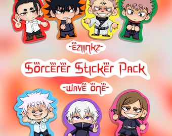 May include: A sticker pack featuring cartoon characters with various hair colors and outfits. The text "Sorcerer Sticker Pack - Wave One" is displayed in red. The stickers have a white border and are set against a gradient background.