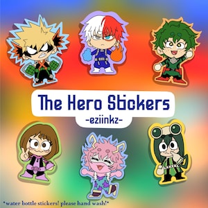 May include: A collection of colorful cartoon stickers featuring characters from "The Hero" series. The stickers include characters with various hair colors and costumes. The text "The Hero Stickers" and "-eziinkz-" are displayed on the image.