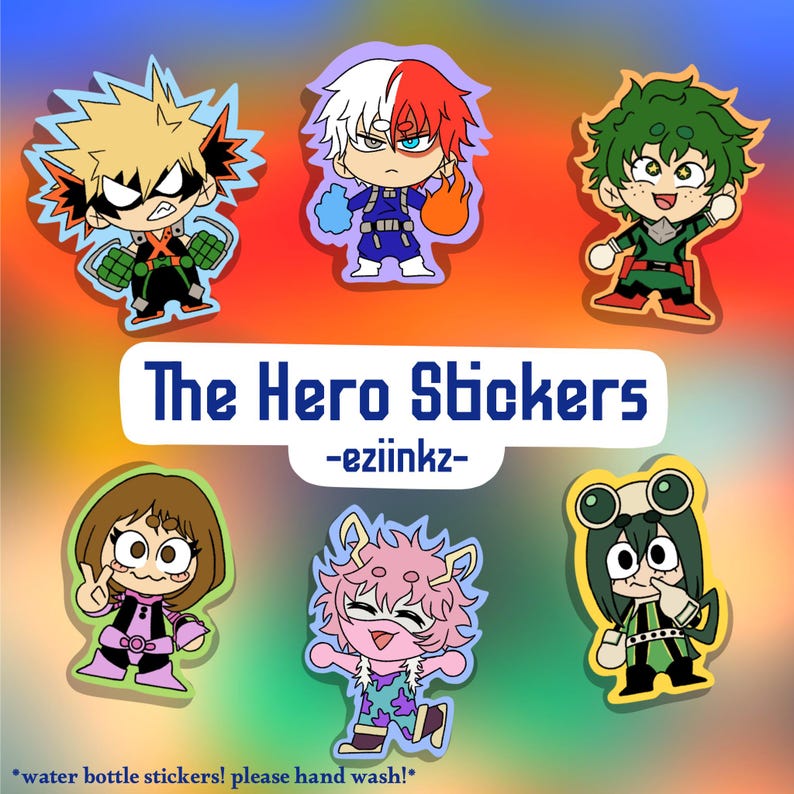 May include: A collection of colorful cartoon stickers featuring characters from "The Hero" series. The stickers include characters with various hair colors and costumes. The text "The Hero Stickers" and "-eziinkz-" are displayed on the image.