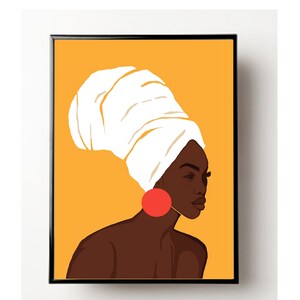 Yellow background black woman art wearing a white turban painting