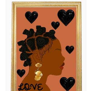 Schwarzes Mädchen bantu zöpfe Kunstfrisur orange Hintergrund schwarze Herzen LIEBE Malerei