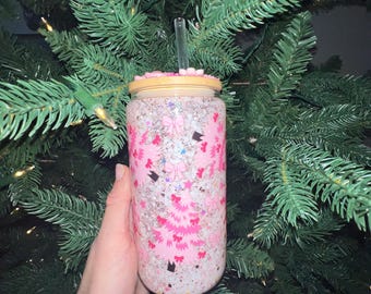 Pink Christmas *GLASS* Snowglobe Tumbler