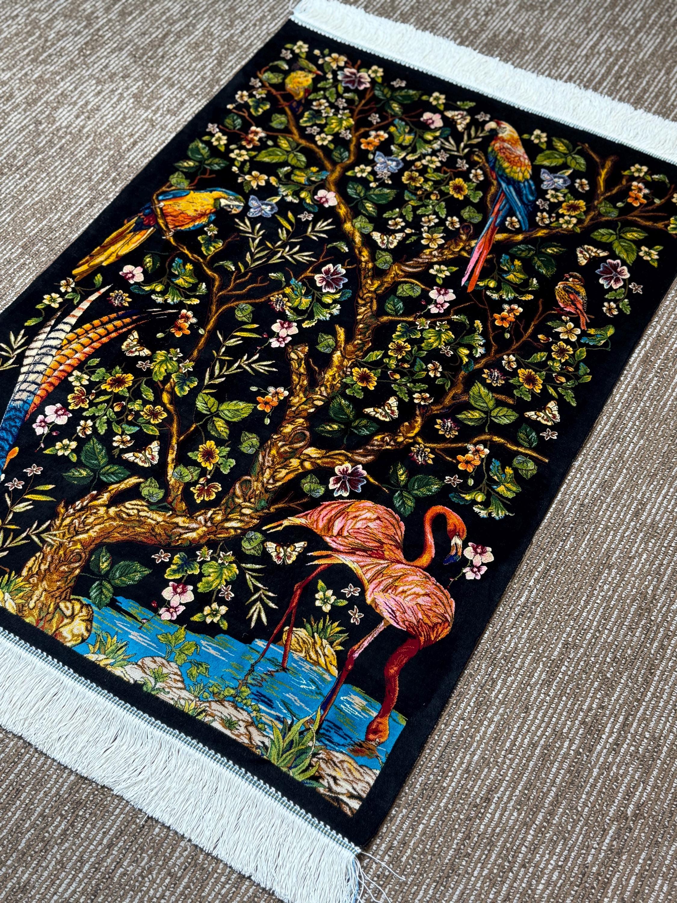 2.5 X 4 Ft | Silk Rug, Black, Silky Floral Design Luxurious Silk Small ...