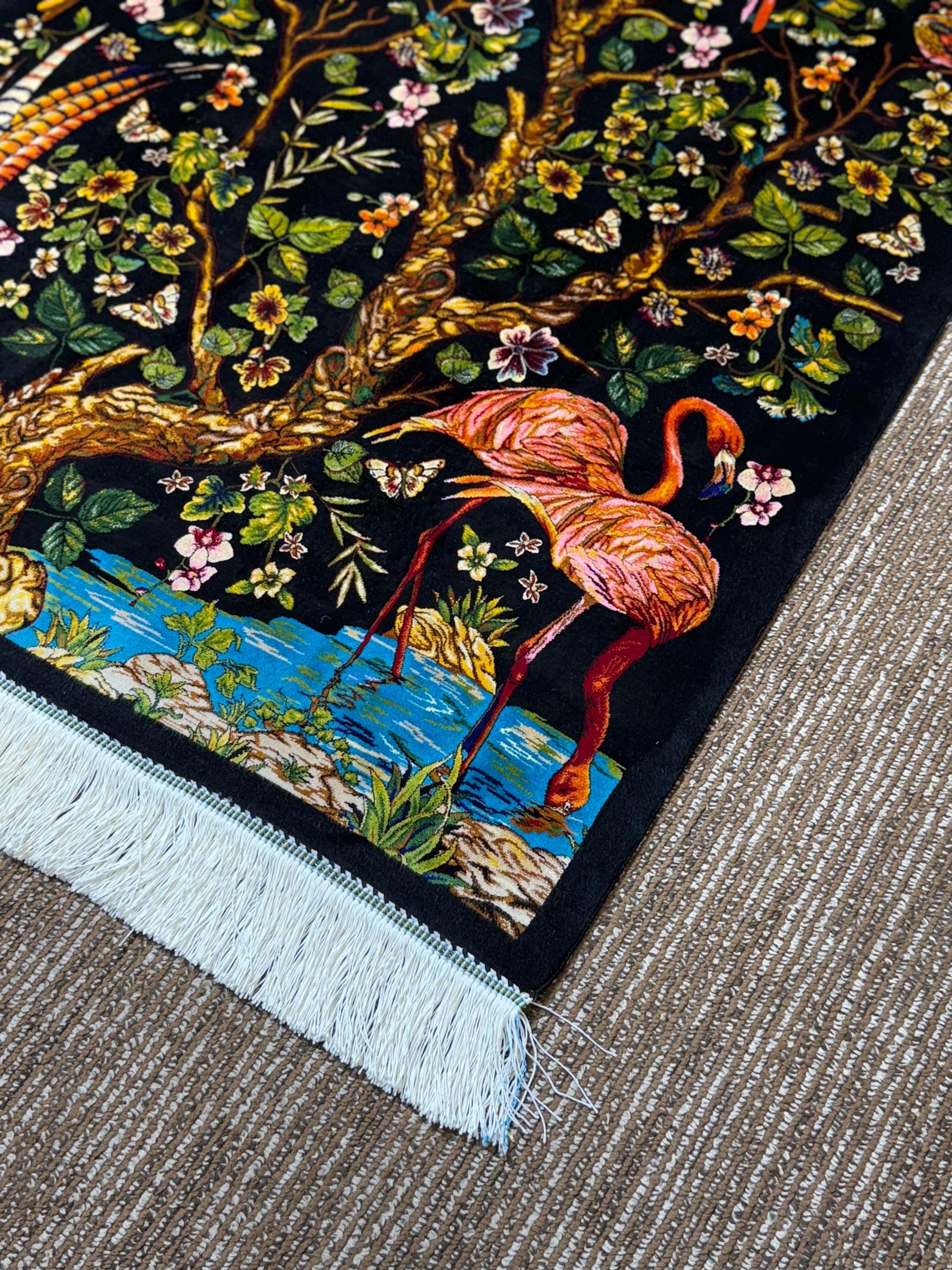 2.5 X 4 Ft | Silk Rug, Black, Silky Floral Design Luxurious Silk Small ...