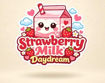 May include: A sticker featuring a pink milk carton with a smiling face, a red and white striped straw, and red strawberries. The text reads Strawberry Milk Daydream, surrounded by small pink hearts, white flowers, and light blue clouds.