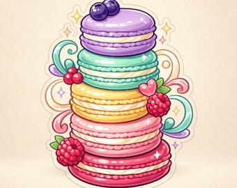 May include: A vertical stack of five colourful macarons in shades of purple, teal, yellow, light pink, and dark pink. The macarons are decorated with blueberries, raspberries, a small heart shape, and swirling lines with small star accents.