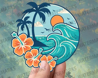 Pegatina de playa tropical: Vinilo adhesivo impermeable para portátil y botella de agua.
