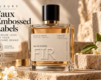 May include: A square glass perfume bottle with a black cap and amber liquid. The label features the text "MAISON DE PARFUM", "eau de toilette", and "FIR" in embossed lettering. Additional text includes "Batch No. 001", "Made in USA", and "3.4 Fl Oz | 100 ml".