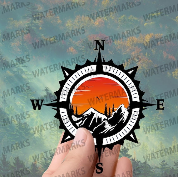 Compass Mountain Sunset Sticker – Outdoor Adventure Travel Vinyl Decal