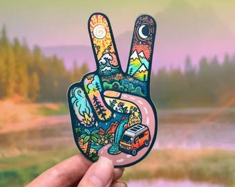 Adventure Peace Sign Sticker - Waterproof Vinyl, Perfect for Hiking, Van Life, Nature Lovers, and Outdoor Enthusiasts (4x2.33)