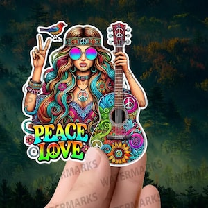 Sticker hippiemeisje Peace Love" – kleurrijke retro vinylsticker jaren 60