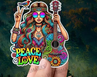 Pegatina "Paz y Amor" estilo hippie girl – Vinilo decorativo retro de los años 60 a todo color
