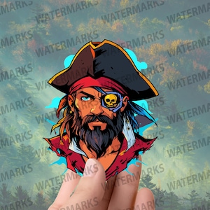 May include: A sticker featuring a stylized pirate with a black tricorn hat, red bandana, and an eye patch with a skull design. The pirate has a long beard and is wearing a red and black coat. The background is a blurred forest scene.