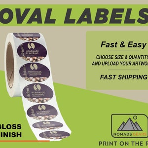 Etiquetas ovais personalizadas de 2" x 3" (polegadas) em rolo Etiquetas premium resistentes à água Seu logotipo de design - ENVIO RÁPIDO GRATUITO - Prova gratuita antes de imprimir