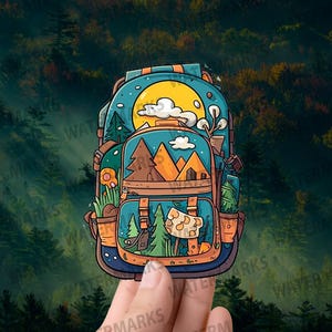 May include: A blue and brown cartoon backpack with a mountain scene inside. The backpack has a yellow sun, white clouds, and green trees.