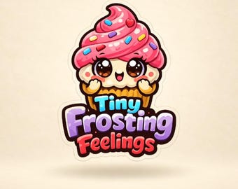 May include: A sticker featuring a cartoon cupcake with a pink swirled frosting top, colourful sprinkles, and a heart-shaped accent. The cupcake has large, expressive eyes and a smiling mouth. Below the cupcake, the text reads Tiny Frosting Feelings.