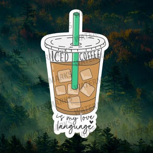 Sticker ijskoffie – Leuke vinylsticker voor koffieliefhebbers, sticker liefdestaal citaat voor waterflessen, laptops, tijdschriften en cadeaus