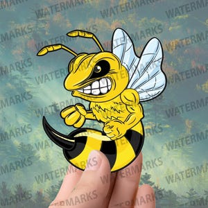 May include: A cartoon illustration of a muscular bee with a yellow body, black stripes, and white wings. The bee has an angry expression with clenched teeth. The image is a sticker or decal.