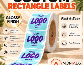 May include: A roll of custom rectangle labels with a glossy finish. Each light blue label features the purple text YOUR LOGO HERE. The roll is displayed alongside text detailing features like high-shine coating and a professional look.
