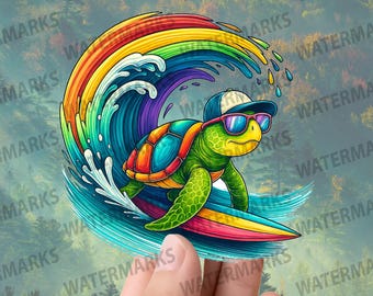 Rainbow Surfing Turtle Sticker Waterproof Vinyl Decal for Laptops, Water Bottles