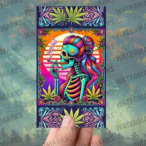 Art coloré de crâne de fille de cannabis - autocollant en vinyle pour les amateurs de bohème et de psychédélique