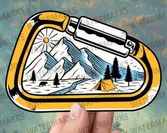 Carabiner Mountain Scene Sticker Waterproof Vinyl Camping Decal