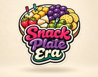 May include: A colourful sticker featuring a snack plate with strawberries, yellow cheese cubes, purple grapes, green olives, and round crackers. The text Snack Plate Era is written in bold, layered pink, purple, and cream bubble letters.