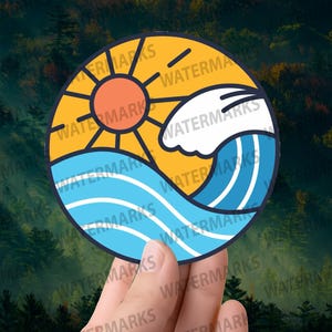 Sun & Wave Sticker – Minimalist Beach Vinyl Decal, Coastal Summer Aesthetic, Waterproof Surf Vibes Sticker for Bottles | Laptops