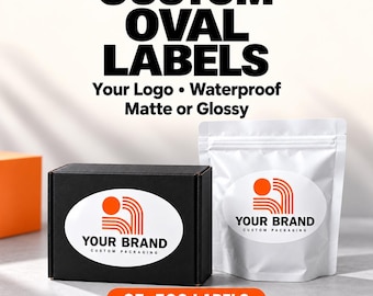 May include: Custom oval labels featuring a white background with an orange logo and the text "YOUR BRAND CUSTOM PACKAGING". The labels are shown applied to a black rectangular box and a white pouch. Text includes "CUSTOM OVAL LABELS", "25-500 LABELS".
