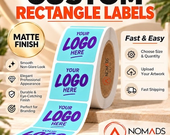 May include: A roll of light blue rectangular labels featuring the purple text YOUR LOGO HERE. The labels have a matte finish. Text on the image includes CUSTOM RECTANGLE LABELS, MATTE FINISH, Fast & Easy, Choose Size & Quantity, Upload Your Artwork, Fast Shipping, and NOMADS LABELS.