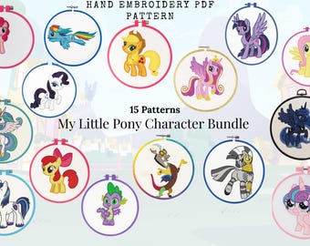 May include: A collection of 15 hand embroidery PDF patterns featuring My Little Pony characters. Each design is displayed in a round embroidery hoop. The image includes characters like Pinkie Pie, Rainbow Dash, and Twilight Sparkle.