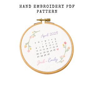 wedding anniversary date, calendar, simple Hand Embroidery Pattern. Needlework kit  (Digital Download, 6 Sizes Included) hand stitch, patch.
