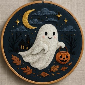 Puede incluir: Arte de aro bordado de Halloween que presenta un fantasma blanco sonriente con un cubo de calabaza. El diseño incluye una luna creciente amarilla, estrellas, nubes y hojas de otoño, todo sobre un fondo azul oscuro. Enmarcado en un aro de madera.