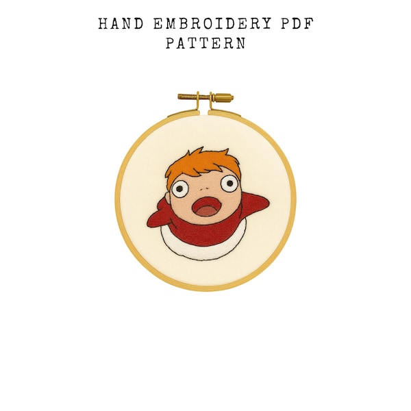 ponyo, studio Ghibli, funny Hand Embroidery Pattern: hoop art, sew, Whimsical Needlework (Digital Download, 6 Sizes Included) hoop art