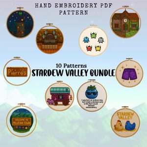 May include: A collection of ten hand embroidery PDF patterns featuring Stardew Valley designs. The patterns include various scenes and characters from the game, such as a house, a shop, and pixelated creatures, all within embroidery hoops.