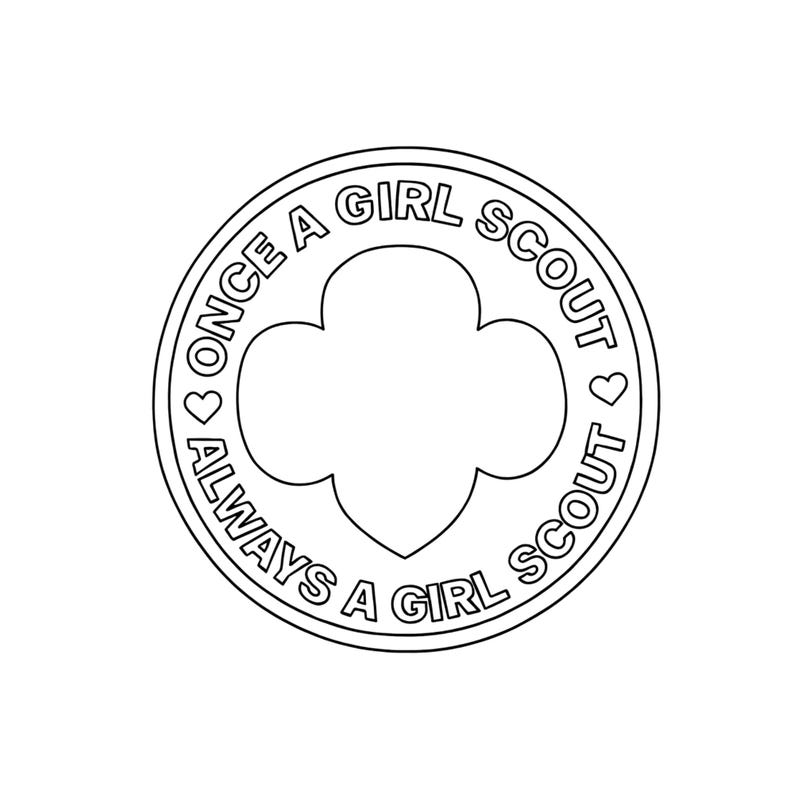May include: A black and white Girl Scout emblem with the text "Once a Girl Scout, Always a Girl Scout" encircling a trefoil shape. Two small hearts are on either side of the trefoil.
