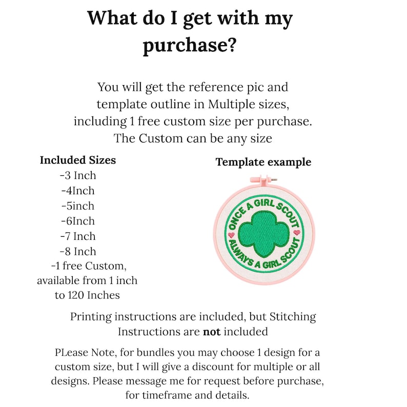May include: A white graphic with text detailing the purchase of embroidery templates. Included sizes range from 7.6 cm to 20.3 cm, plus a custom size. An example of an embroidery template is shown.